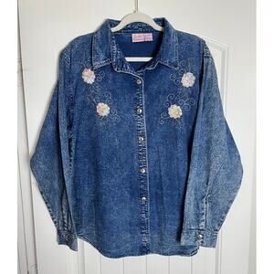 Southern Expressions | Vintage Women's L Cotton Blue Jean Shirt Flower Design